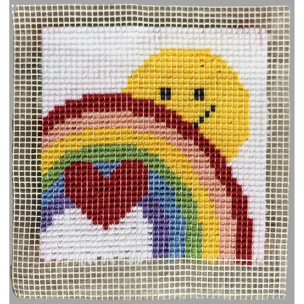 Vtg Happy Face Rainbow Completed Latch Hook Wall Hanging Pillow Stool Cover 12